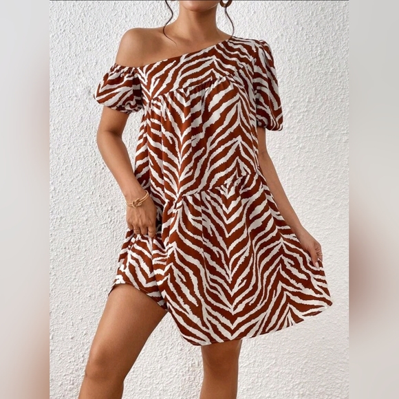 unbranded Dresses & Skirts - Puff Sleeve Ruffle Hem One Shoulder Smock Dress NWOT Asymmetrical Neck